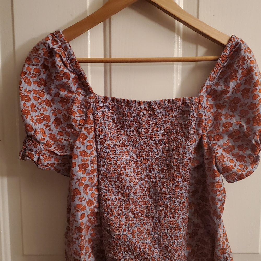 Madewell Lavender Puff Sleeve Floral Blouse with Rust Flowers - Picture 2 of 4